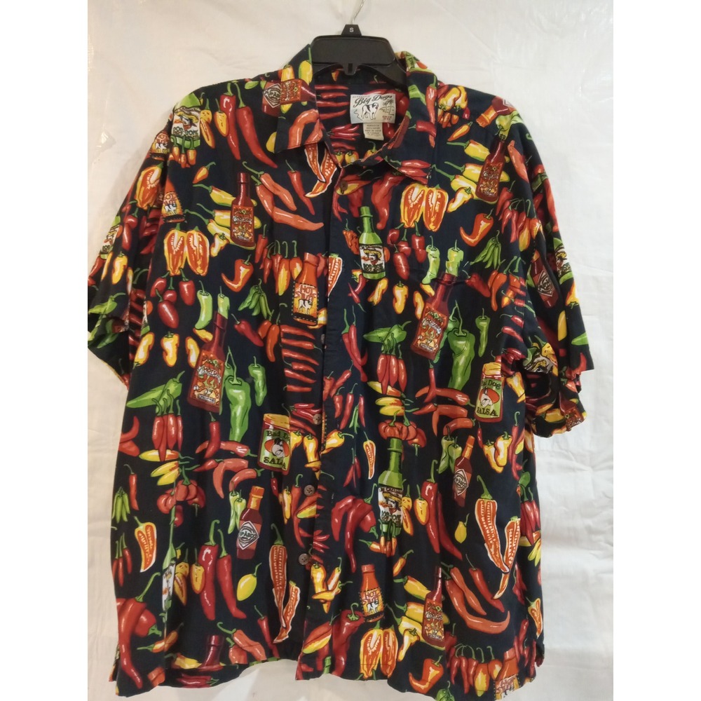 Big Dogs Mens XL Chili Pepper Hot Sauce Rayon Short Sleeve Button Up Shirt Black